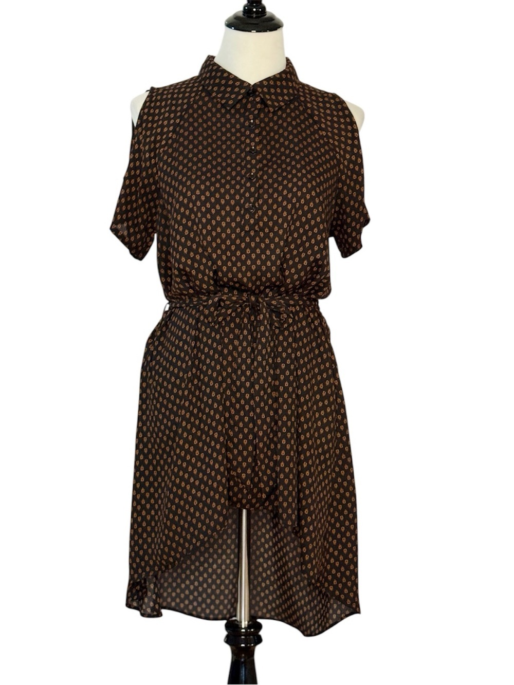 Lily White Cold Shoulder High Low Dress Large Brown Orange Boho Belted Shirt